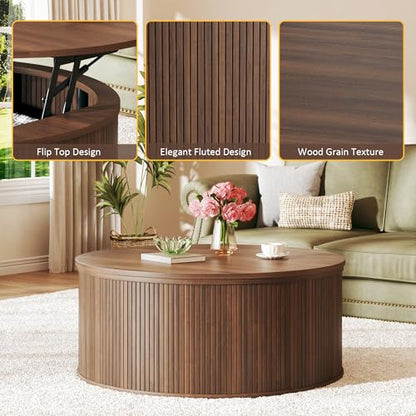 HUAHUU Round Coffee Table with Storage, 31.5" Lift Top Coffee Table, Mid Century Modern Coffee Tables for Living Room, Apartment Office, Fluted Table with Rustic Wood Desktop, Walnut