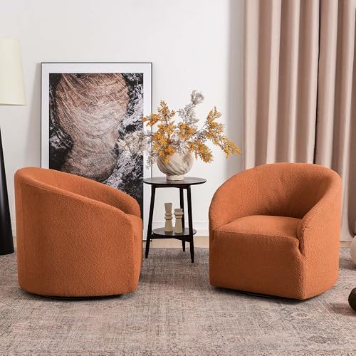 KINWELL 32" Wide Swivel Barrel Chairs Set of 2, Boucle Upholstered Swivel Accent Chairs, Mid-Century 360 Degree Swivel Chairs, No Assembly Round Armchairs for Living Room, Bedroom (Caramel) - color: Caramel, style: Set of 2