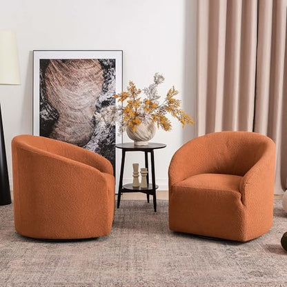 KINWELL 32" Wide Swivel Barrel Chairs Set of 2, Boucle Upholstered Swivel Accent Chairs, Mid-Century 360 Degree Swivel Chairs, No Assembly Round Armchairs for Living Room, Bedroom (Caramel) - color: Caramel, style: Set of 2