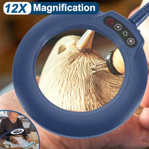 IVMAIE 12X Magnifying Glass with Light, Real Glass Lens, 5 Color Modes Dimmable, Flexible Gooseneck Lighted Magnifier with Stand, LED Desk Lamp Hands Free for Crafts Painting Reading Close Work, Blue - color: Blue