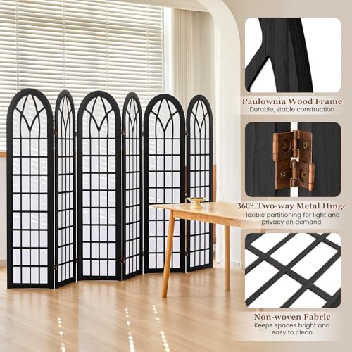6 Panel Japanese Room Divider, Folding Privacy Screen, Black | Arched Black Wood Room Divider, 94.5"W X 66.9"H, Fully Assembled For Bedrooms, Open Rooms, Dining Areas, And Offices - color: 6 Panel Black, size: 6 Panel