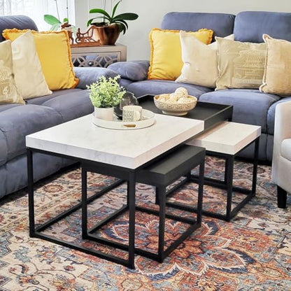 MAISON ARTS Nesting Coffee Table Set of 3, Marble White and Black | Rectangle Center Table, Morden Living Room Coffee Table and End Table Sets for Home Indoor Use - color: Marble White&black
