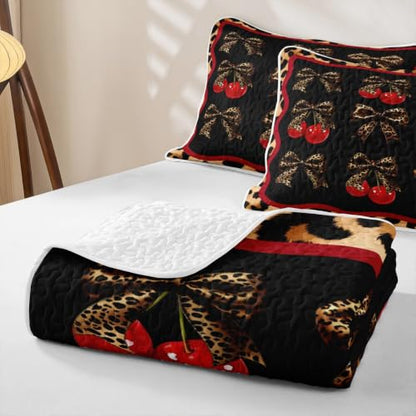 Chic Leopard Bowknot Kids Quilt Set King Size,Cute Cherry Fruits Quilted Bedspread,Leopard Print Quilted Coverlet with 2 Pillow Sham,Black Red Bed Covers for All Season - color: Black Red, size: King