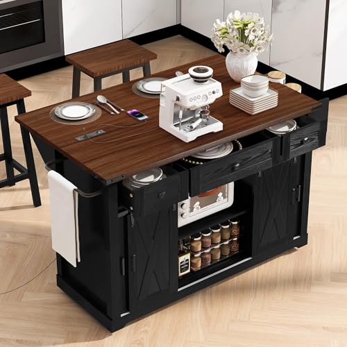 Kitchen Island, 56.5" Rolling Kitchen Cart on Wheels, Black | Drop Leaf, Power Outlet, 5 Drawers, 4 Soft-closing Doors, Embossed Stripe, Locking Casters, Stationary Feet, 150lbs Capacity - color: Black-56.5"