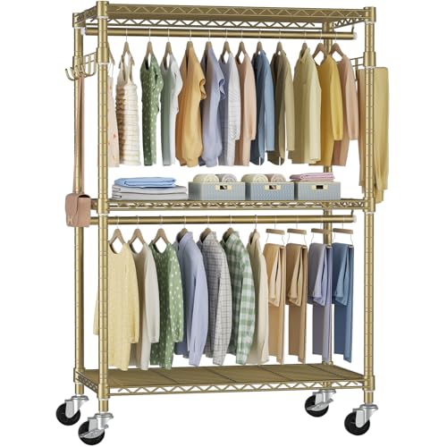P1 Rolling Clothes Rack, Metal Garment Closet Organizer with Wheels | Portable Clothing Wardrobe with Double Hanger Rods and Hooks, 35.4"W x 15.7"D x 80.5"H, Load 450lbs, Gold - color: Gold, size: P1