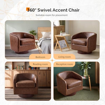 VINGLI 360°Swivel Accent Chairs Set of 2 with Engineered Wood Base and Removable Cushion for Living Room, Bedroom, Curved Back Barrel Chairs for Small Space, Upholstered Bucket Armchairs, Pu-Brown - color: Pu-brown