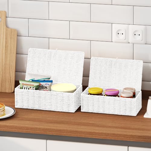 Wicker Shelf Baskets with Lid, Set of 2 Handwoven Wicker Storage Baskets for Shelves, Rectangular Storage Bins with Lids, Decorative Storage Boxes, Small Wicker Baskets for Organizing, White - color: White