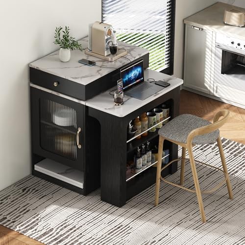 59.5" Kitchen Island with Extendable Dining Table, Kitchen Storage Table with Double-Sided Storage & 2 Drawers, Power Outlet, Side Open Shelves, for Dining Room (Black3) - color: Black3