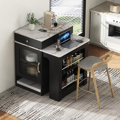 59.5" Kitchen Island with Extendable Dining Table, Kitchen Storage Table with Double-Sided Storage & 2 Drawers, Power Outlet, Side Open Shelves, for Dining Room (Black3) - color: Black3