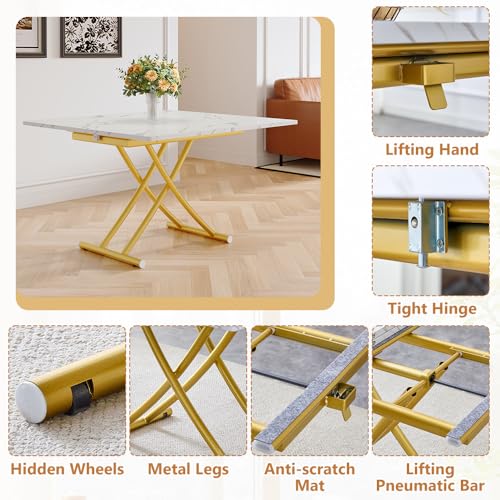 Adjustable Height Coffee Table, Folding Dining Table, White&Gold | Convertible lift top table for use as a coffee table, dining table, home office desk or vanity - color: White & Gold Legs