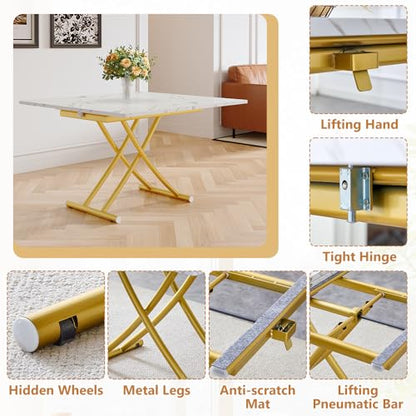 Adjustable Height Coffee Table, Folding Dining Table, White&Gold | Convertible lift top table for use as a coffee table, dining table, home office desk or vanity - color: White & Gold Legs