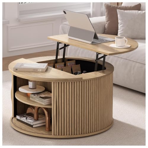 JOINICE Round Lift Top Coffee Table with Storage for Living Room,Oak | 31.5" Drum Design,Hidden Storage&Open Shelf,Boho Fluted Center Table for Small Apartments,Easy Assembly,Up to 150 lbs - color: Oak_round (Lift Top)