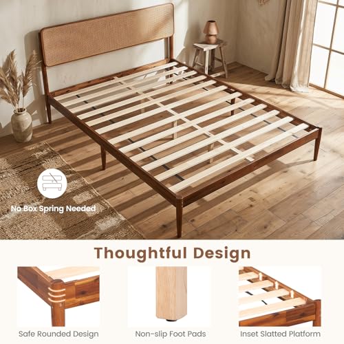 GIANTEX Rattan Queen Bed Frame, Boho Wood Platform Bed with Wicker Headboard, Wooden Mattress Foundation & Support Slats, Under-Bed Storage, Queen Size Bedframe for Adults, No Box Spring Needed - size: Queen