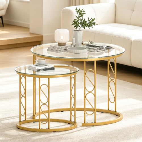 Nesting Coffee Table, 23.6" Round Coffee Table Set of 2, Glass Nesting Table with Metal Frame, Ceter Tables for Living Room Bedroom Balcony, Gold - color: Glass and Gold