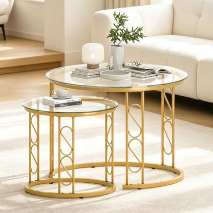 Nesting Coffee Table, 23.6" Round Coffee Table Set of 2, Glass Nesting Table with Metal Frame, Ceter Tables for Living Room Bedroom Balcony, Gold - color: Glass and Gold