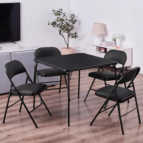 VECELO Folding Card Table and Chair Set of 5 Portable with Padded Tabletop, No Assembly Required, Black - color: Black, style: Table & 4 Chairs