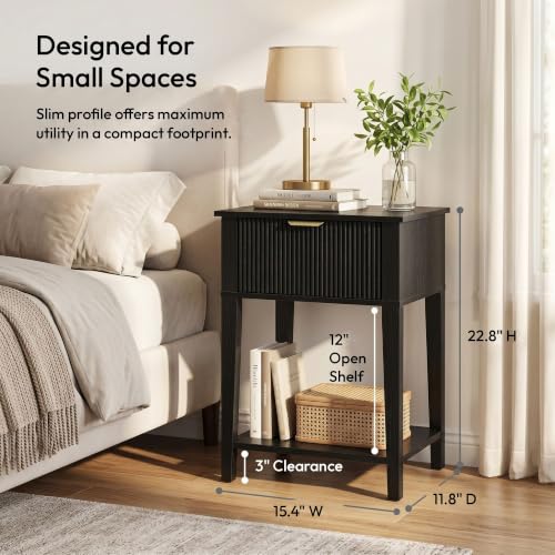 FuniXpress Black 15" Wide Small Nightstand with Drawer, Shelf, Fluted Front | Black wood-grain finish, fluted drawer with gold handle accent, 11.8-inch slim depth, compact storage for small spaces - color: Black