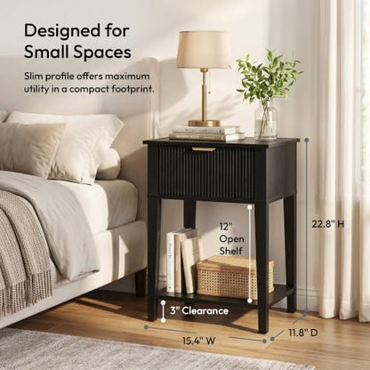 FuniXpress Black 15" Wide Small Nightstand with Drawer, Shelf, Fluted Front | Black wood-grain finish, fluted drawer with gold handle accent, 11.8-inch slim depth, compact storage for small spaces - color: Black