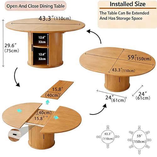 Wildhome Extendable Round Dining Table for 2-4-6, 59 Inch Dining Room Kitchen Table with 2-Tier Storage Shelf, Modern Farmhouse Fluted Wood Slide Door Dinner Furniture,Oval Circle,Oak - color: Oak-59 Inch