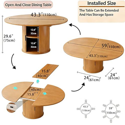 Wildhome Extendable Round Dining Table for 2-4-6, 59 Inch Dining Room Kitchen Table with 2-Tier Storage Shelf, Modern Farmhouse Fluted Wood Slide Door Dinner Furniture,Oval Circle,Oak - color: Oak-59 Inch