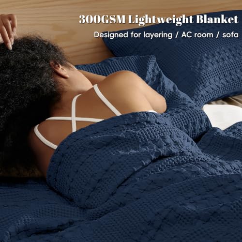 PHF 100% Cotton Waffle Weave Throw Blanket, Lightweight Breathable Summer Blanket for Couch Sofa, Pre-Washed Soft Throws for Bed, Office, Travel & Stylish Home Decor, 50"x60", Bright Navy - color: 06 Blue Sapphire, size: Throw(50"x60")