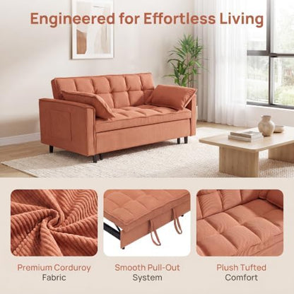 Sleeper Sofa Bed with Adjustable Backrest & Side Pockets, Orange | Adjustable Backrest & Side Pockets,Pull Out Sofa,Comfortable Fabric - color: S-orange-k9