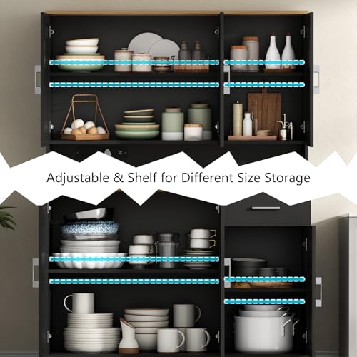 Gyfimoie 71’’ Farmhouse Kitchen Pantry Cabinet, Tall Storage Cabinet with Power Outlet, Freestanding Hutch with Drawer, 4 Adjustable Shelf & 6 Doors for Kitchen Living Room (Black) - color: Black