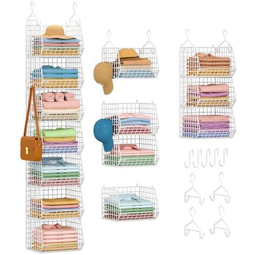 7 Tier Hanging Closet Organizer and Storage, Foldable Wire Closet Shelving with 4 Large Hooks+5 S Hooks,Hanging Basket for Clothes Sweaters Shoes Handbags,Wardrobe Kitchen Laundry Room-White - color: White, size: 7-Tier