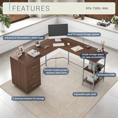 Techni Mobili L Shaped Desk - Two-Toned Computer Desks for Home Office with Storage Shelves & Cabinet - Simple Modern Furniture & Office Space Corner Table for Work & Writing - Grey & Walnut | 59" two‑tone L‑shaped desk with storage shelves, durable frame