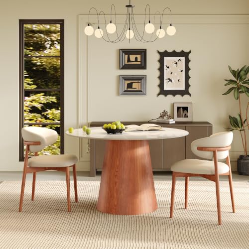 39" Round Dining Table for 2, Sintered Stone Top Solid Wood Pedestal, Snowy White+Brown (Table Only) - color: Snowy White+brown, size: 39"