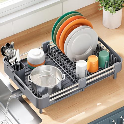 TOOLF Expandable Dish Drying Rack with Cutlery Holder, Standard, Grey | Over or In Sink Stainless Steel Dish Drainers for Compact Kitchen, Space Saving, Fast Drain, Rustproof, For 1-3 people - color: Gray