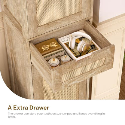 67" H Tall Storage Cabinet with 2 Rattan Doors and 1 Drawer, Narrow Rattan Cabinet with Adjustable Shelves, for Living Room, Entryway, Kitchen, Natural - color: Natural
