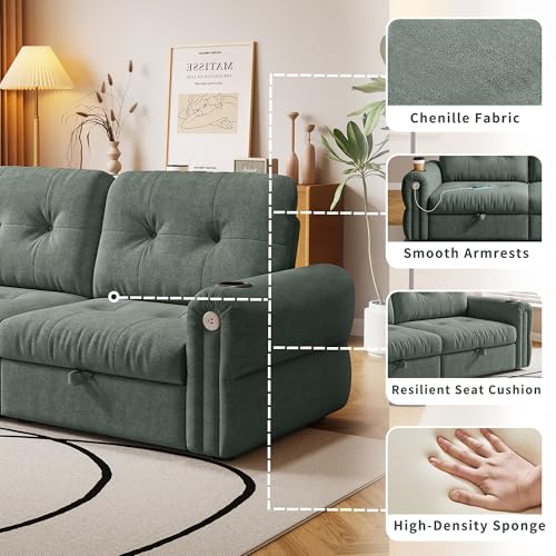 80.4" Queen Sleeper Sofa Bed, 3 in 1 Convertible Pull Out Couch with USB Ports & Cup Holders, Modern Chenille Loveseat Sofabed with Adjustable Backrest for Living Room, Bedroom, Apartment - color: Green, style: Sofabed w/USB &Cup Holders