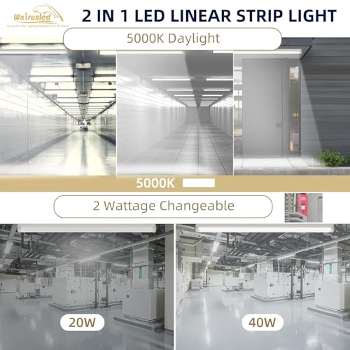 4FT LED Linear Strip Emergency Stairwell Light, 2 Watt Selectable, 20W/40W, 2500lm/5000lm, Battery Backup, 5000K, IP20, 0-10V Dimmable 4 Foot Flush Mount Commercial LED Shop Ceiling Light Fixture, ETL
