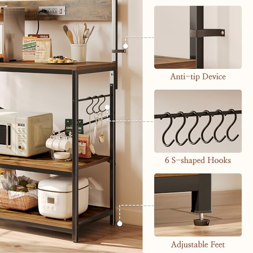 SUPERJARE Bakers Rack with Power Outlets, Microwave Stand, 31.5 X 16.5 Inch Larger Desktop, Kitchen Storage Rack with Adjustable Middle Shelf, 6 S-Shaped Hooks, Coffee Bar Stand, Rustic Brown - color: Rustic Brown, size: 31.5 inch