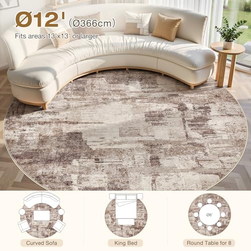 kakania Abstract 12x12 Round Rugs for Living Room: Circle Rugs 12FT Brown | Washable, Soft, Non-Slip, Low-Pile, Pet & Kid Friendly - Large Modern Home Decor Carpet for Bedroom/Dining Room/Nursery - color: Brown, size: 12' (Round)