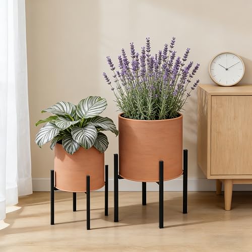 ARNIS Modern Plant Pots, Large Planters with Stand, Set of 2 Decorative Planters, Metal Pots with Drainage Holes for Living Room, Office, Garden or Balcony, 10.5 &12.25 Inch, Terracotta - color: Terracotta, size: 10.5 &12.25