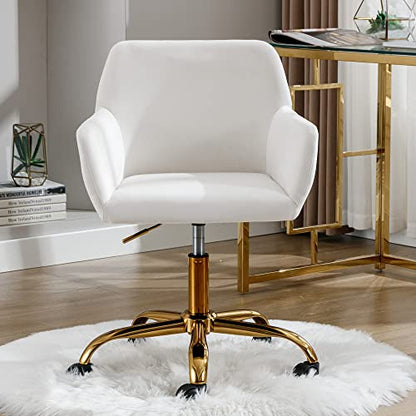 Velvet Makeup Vanity Chair,Home Office Desk Chair with Wheels, White | Fluffy Swivel Modern Armchair Upholstered Fuzzy Height Adjustable for Teens Women Girls Elegant for Living Room Bedroom - color: White+velvet