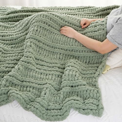 Battilo Chunky Knit Throw Blanket for Couch, 50"x60", Sage Green | Sage Blanket Hand Knit Cozy Warm Thick Soft Chenille Throw Blanket for Bed, Sofa, Chair, Living Room - color: Sage Green