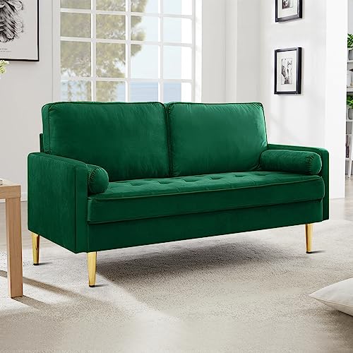 67" Modern Velvet Loveseat Sofa Couch, Mid-Century Tufted Upholstered Small Love Seat Couch with 2 Pillows & 4 Golden Legs, 2-Seats Couches for Compact Space, Living Room, Apartment (Emerald) - color: Emerald