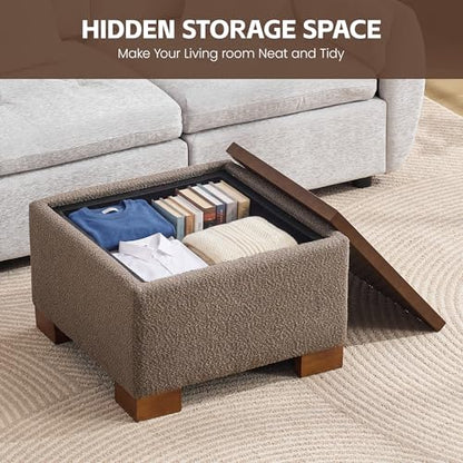 WUTUTUEE 24" Square Ottoman Coffee Table with Storage, Boucle Ottomans with Tray and Solid Wood Legs for Living Room, Bedroom and Apartments, Small Modern Ottoman Tea Table with Lift-Off Lid, Brown - color: 24'' Brown Boucle