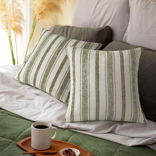26x26 Decorative Farmhouse Linen Throw Pillow Covers, Beige with Olive Green Chenille Striped Pillow Case, Set of 2, Boho Textured Cushion Cover for Sofa Couch Living Room (Cover ONLY) - color: Beige With Olive Green, size: 26" x 26" (Pack of 2)