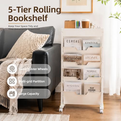 5-Tier Rolling Bookshelf, Rolling Book carts with wheels,Book Storage Rack | Utility Carts, Movable File Folder Organizer Cart for Home,Study,Office,Living Room,Classroom