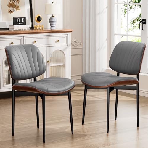 YaFiti Mid Century Dining Chairs Set of 2 with Walnut Bentwood, Gray | Ergonomic Walnut Backrest, Upholstered Waterproof PU Leather Seat, Stable Metal Legs, Adjustable Footpads, Apartment Friendly - color: Gray Scallop