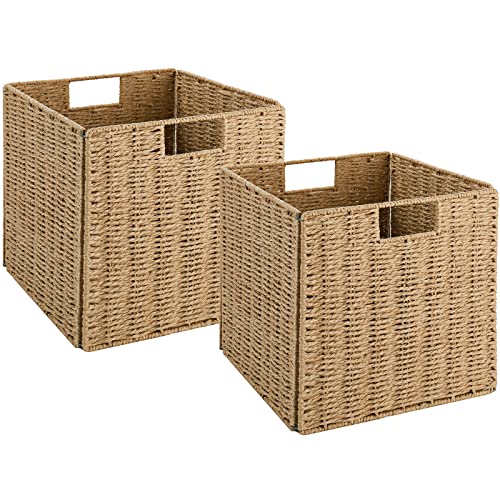 Wicker Storage Basket, Set of 2 Hand-Woven Storage Baskets for Shelves with Handles Foldable Cube Storage Baskets Bins, 9 inch Wicker Baskets for Pantry Bedroom Organizer &Decor, Natural - color: Natural, size: 9'' x 9'' x 9''