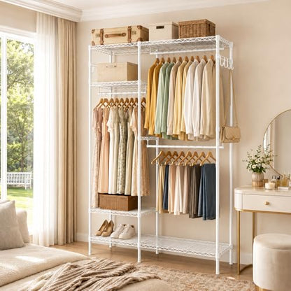 Clothes Rack with Adjustable Wire Shelves & Hanging Rods, White | Portable Clothing Garment Rack for Hanging Clothes, Freestanding Closet Organizer, Heavy Duty, Max Load 700Lbs - color: White