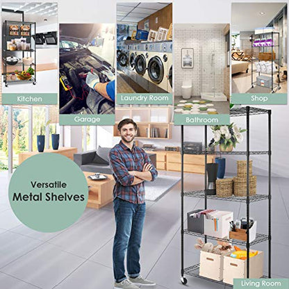 5-Shelf Shelving Units on Wheels Casters, Adjustable Heavy Duty Metal Shelf Wire Storage Rack for Home Office Garage Kitchen Bathroom Organization(16”Wx36”Dx75”H), Black - size: 5Tier 36"W x 16"D x 75"H