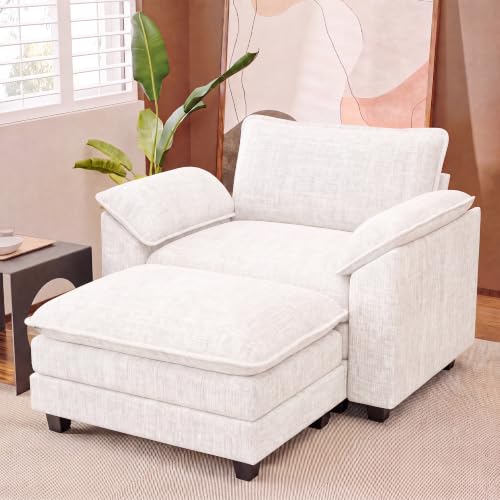 Homall Sofa Accent Chair with Ottoman, 35" Reading Chair, White | Comfy Chenille, Double Layer Cushion, Wide Armrest, Deep Seat, Sturdy Frame, High-Density Foam, Single Sofa for Living Room - color: White, size: Single Sofa Chair
