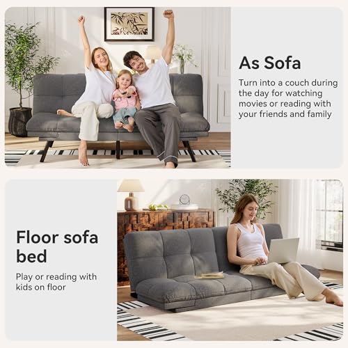 Vipbear Convertible Futon Sofa Bed,Grey Linen Fabric Futon Couch with Detachable Cushion,Adjustable Backrest & Armrest,Modern Loveseat Sleeper Recliner for Living Room,Office,Apartment