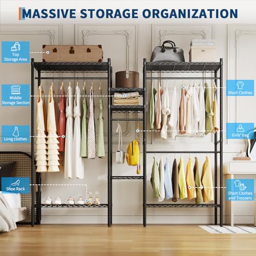 PioneerWorks Heavy Duty Garment Rack 1210 LBS, Commercial Clothing Rack with 4 Adjustable Shelves, Freestanding Wardrobe Closet Organizer, Metal Storage Rack for Home, Retail, Laundry Room - size: 86.2"W x 17.3"D x 76.4"H